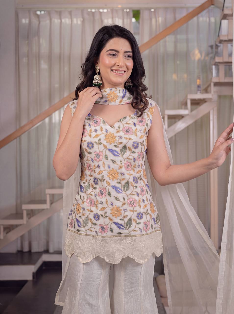 Festive Wear Off White Color Fendi Crush Embroidered Sharara Suit