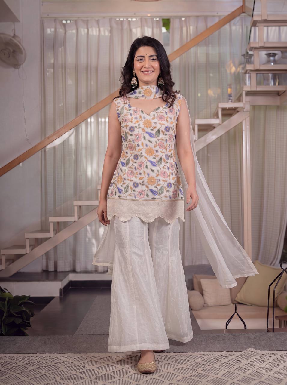 Festive Wear Off White Color Fendi Crush Embroidered Sharara Suit