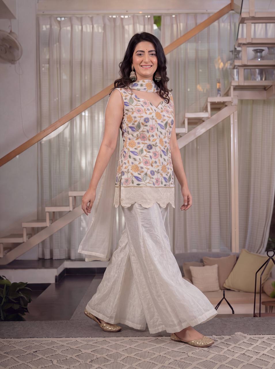 Festive Wear Off White Color Fendi Crush Embroidered Sharara Suit