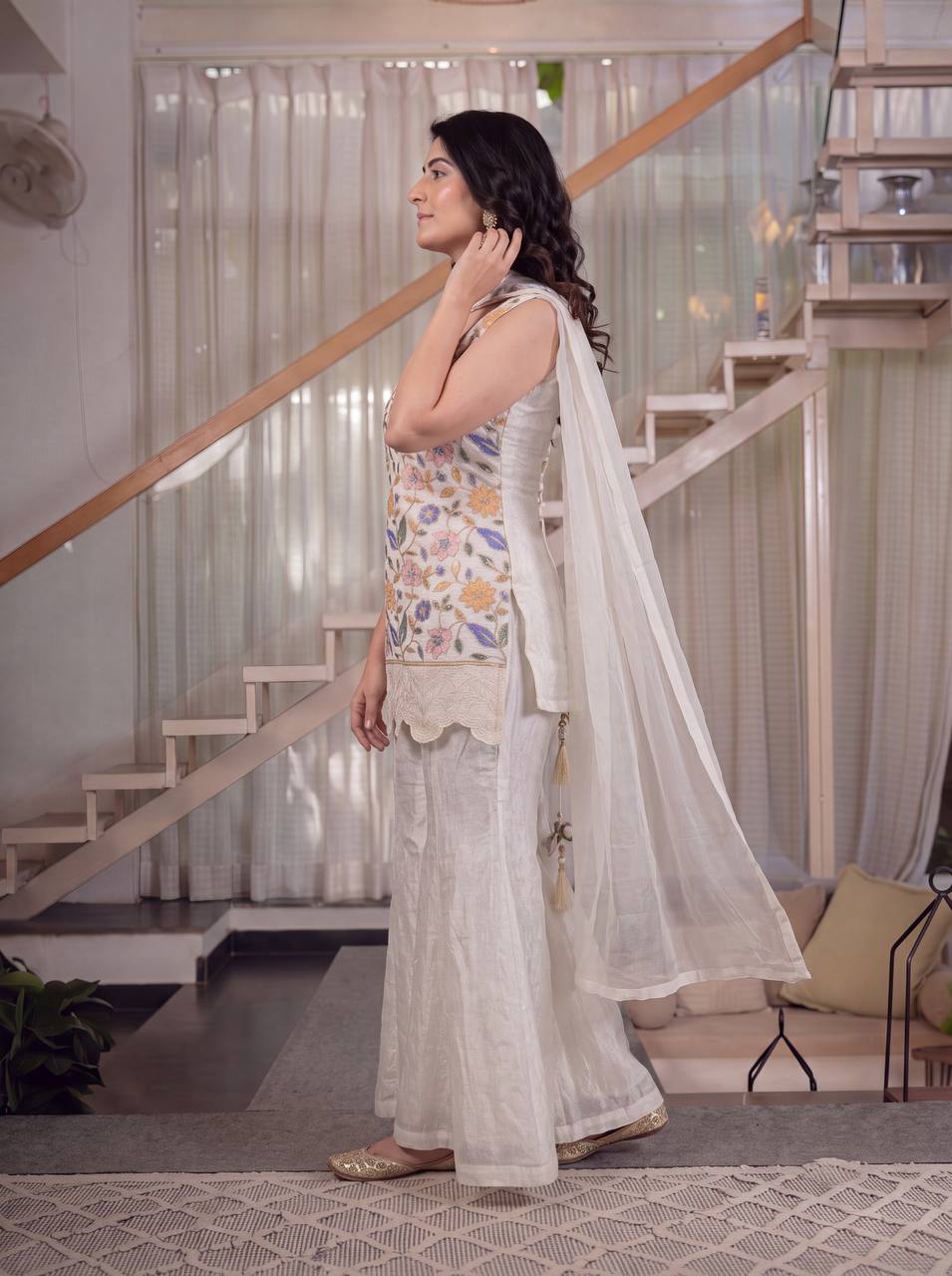 Festive Wear Off White Color Fendi Crush Embroidered Sharara Suit