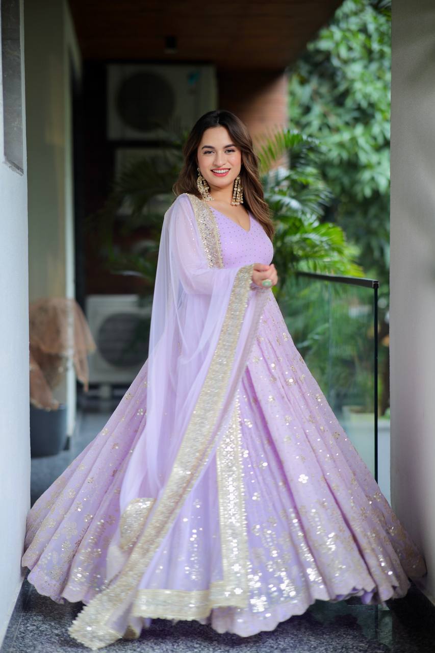 Designer Lavender Blooming Foil And Zari Embroidery Work Anarkali Suit
