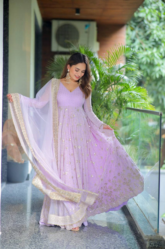 Designer Lavender Blooming Foil And Zari Embroidery Work Anarkali Suit