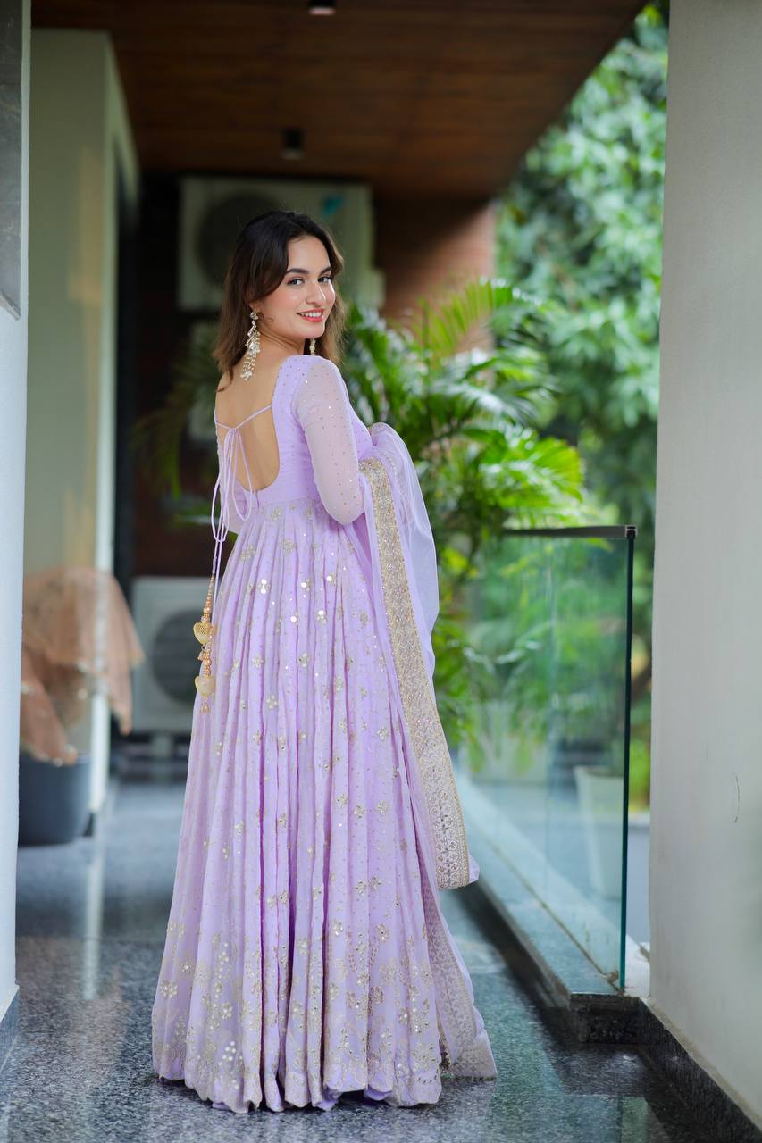 Designer Lavender Blooming Foil And Zari Embroidery Work Anarkali Suit