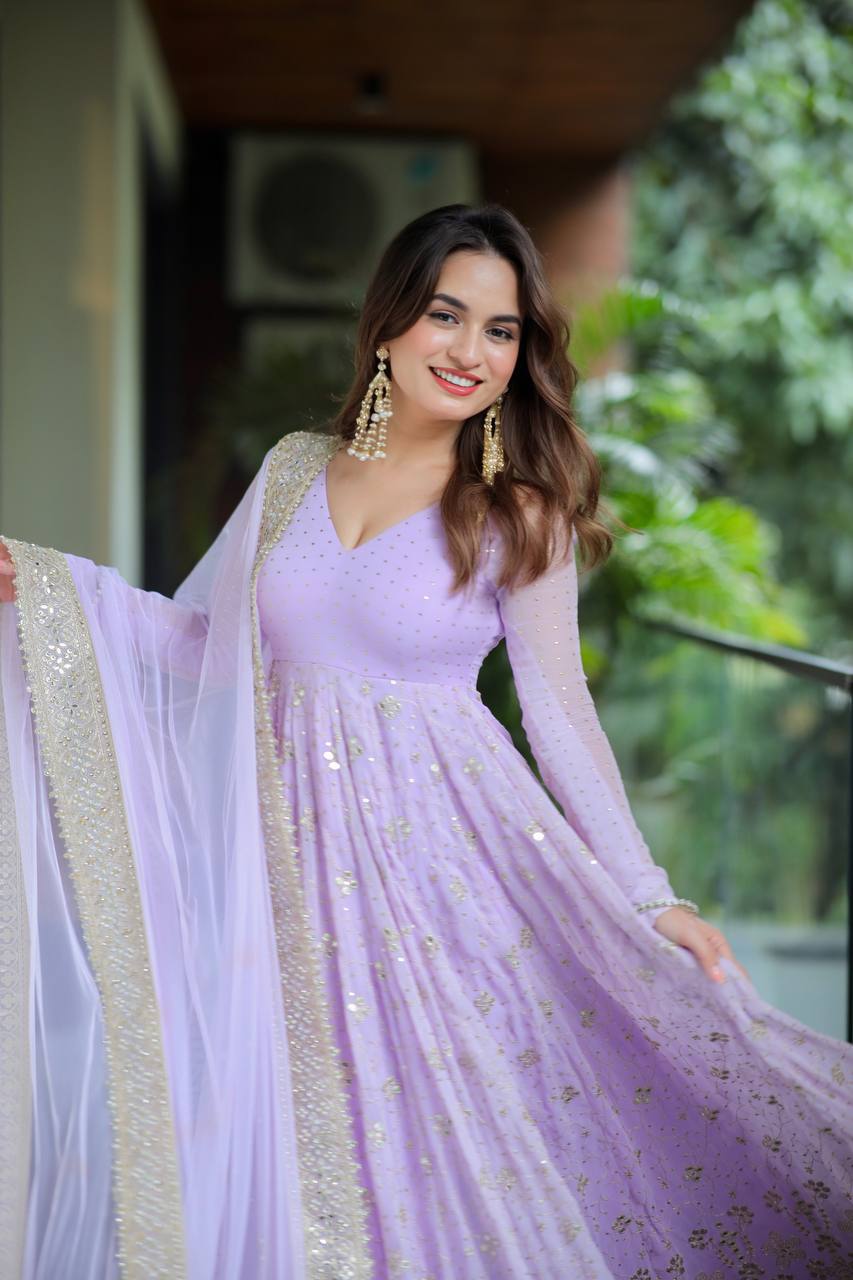 Designer Lavender Blooming Foil And Zari Embroidery Work Anarkali Suit