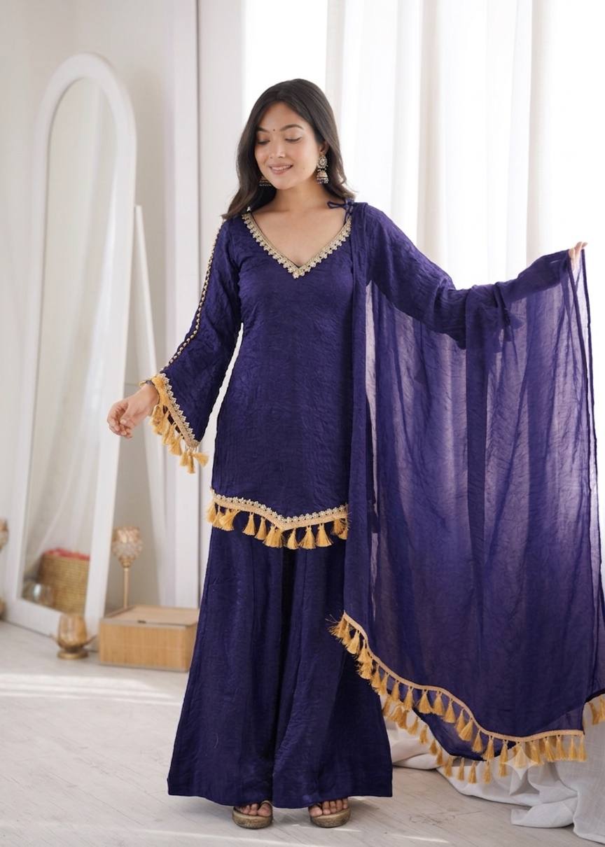 Arti Chauhan Wear Royal Blue Color Mirror Work Wedding Palazzo Suit