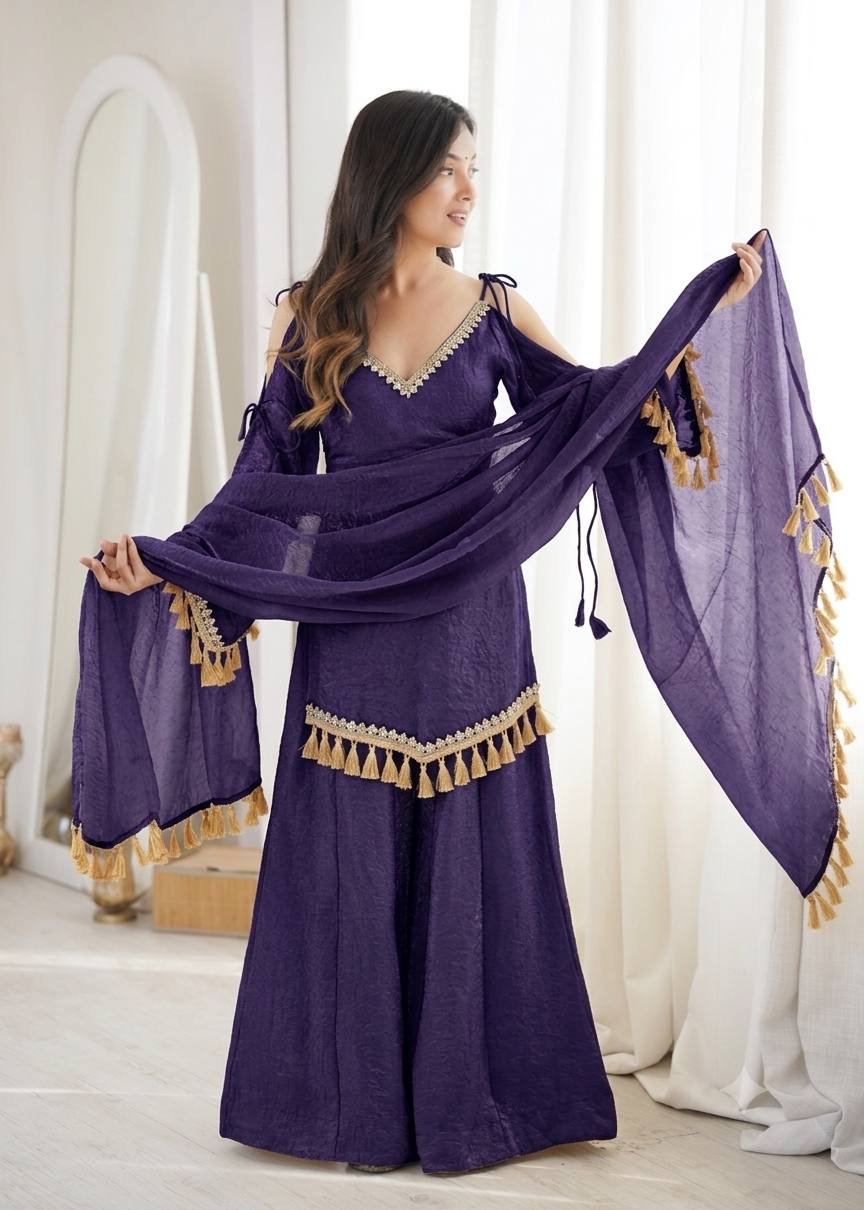 Arti Chauhan Wear Royal Blue Color Mirror Work Wedding Palazzo Suit