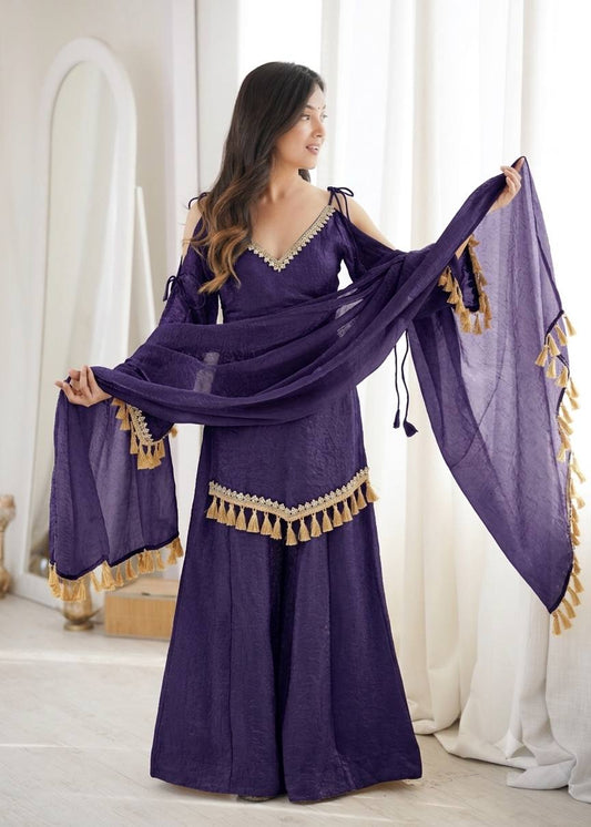 Arti Chauhan Wear Royal Blue Color Mirror Work Wedding Palazzo Suit