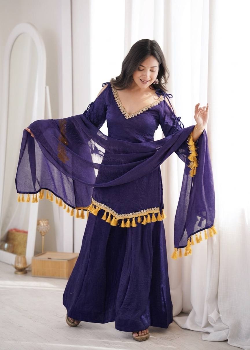 Arti Chauhan Wear Royal Blue Color Mirror Work Wedding Palazzo Suit