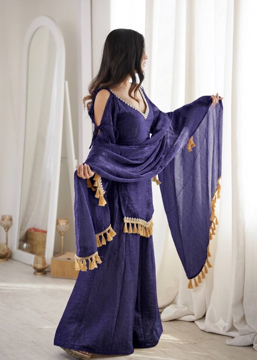 Arti Chauhan Wear Royal Blue Color Mirror Work Wedding Palazzo Suit