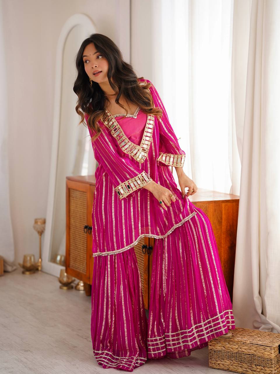 Designer Pink Color Gold Zari Real Mirror Work Arti Chauhan Wear Sharara Suit