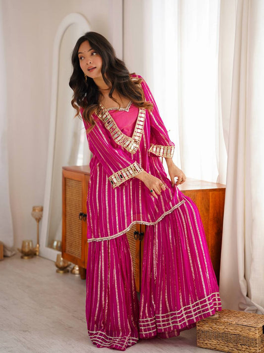 Designer Pink Color Gold Zari Real Mirror Work Arti Chauhan Wear Sharara Suit