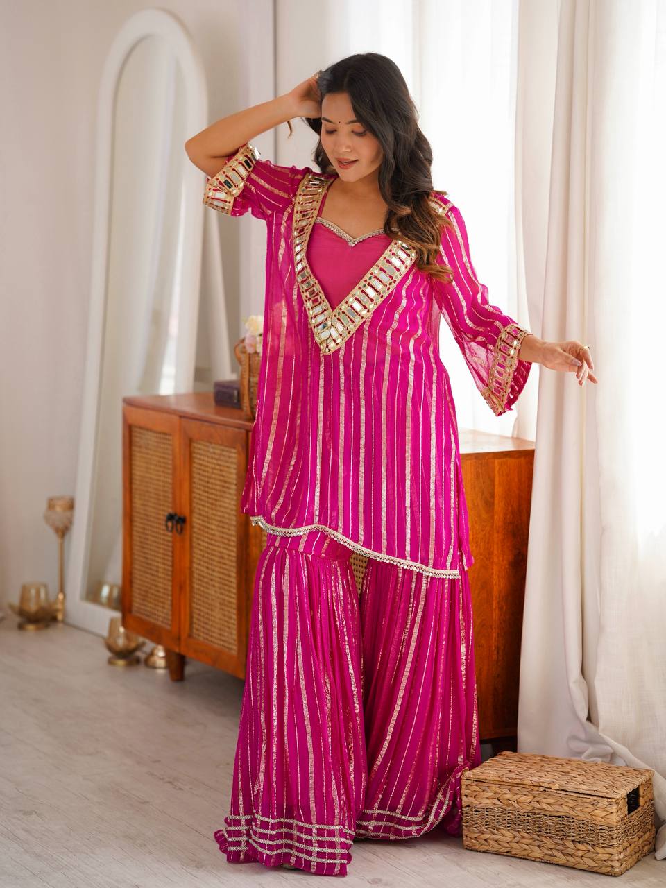 Designer Pink Color Gold Zari Real Mirror Work Arti Chauhan Wear Sharara Suit