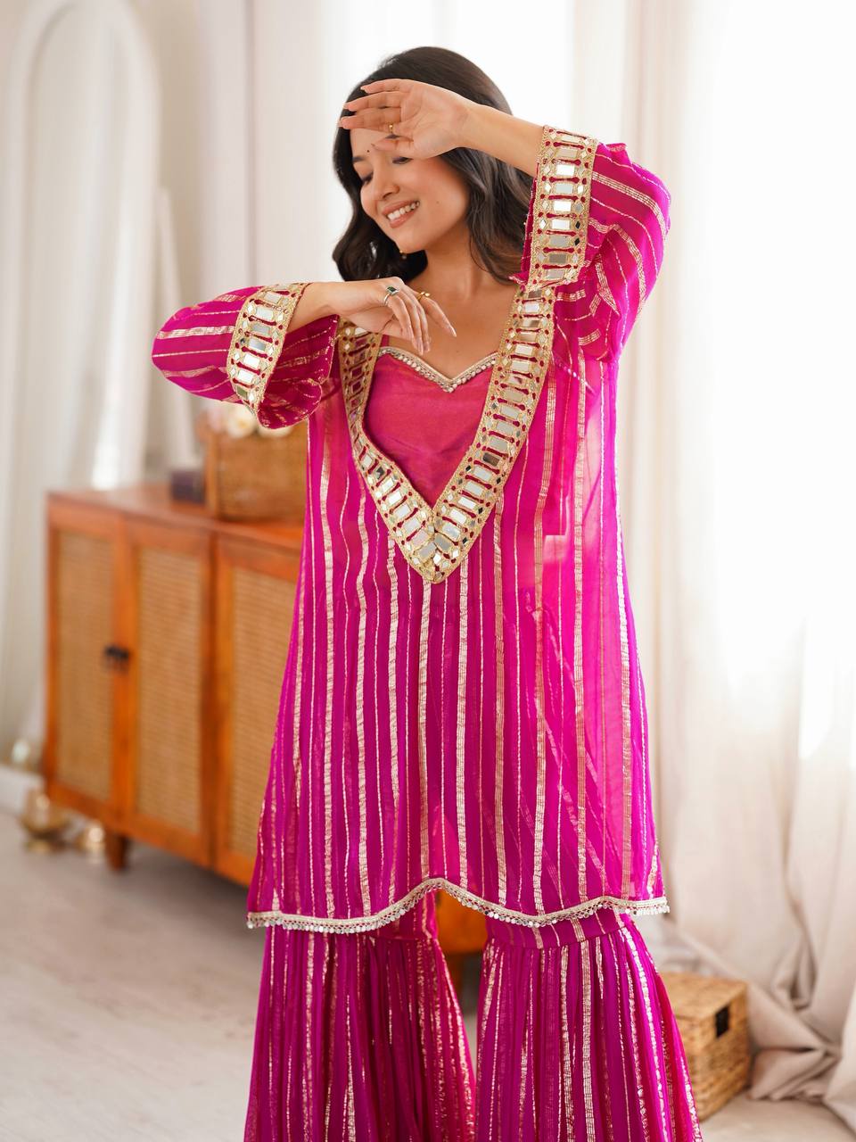 Designer Pink Color Gold Zari Real Mirror Work Arti Chauhan Wear Sharara Suit