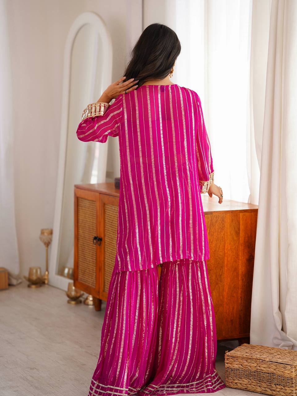 Designer Pink Color Gold Zari Real Mirror Work Arti Chauhan Wear Sharara Suit