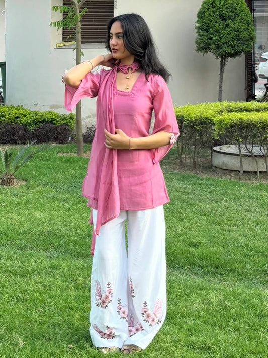 Festive Wear Pink Color Silk Embroidered Palazzo Set With Tassel Sleeves