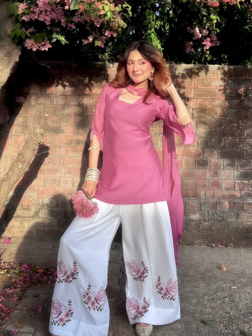 Festive Wear Pink Color Silk Embroidered Palazzo Set With Tassel Sleeves