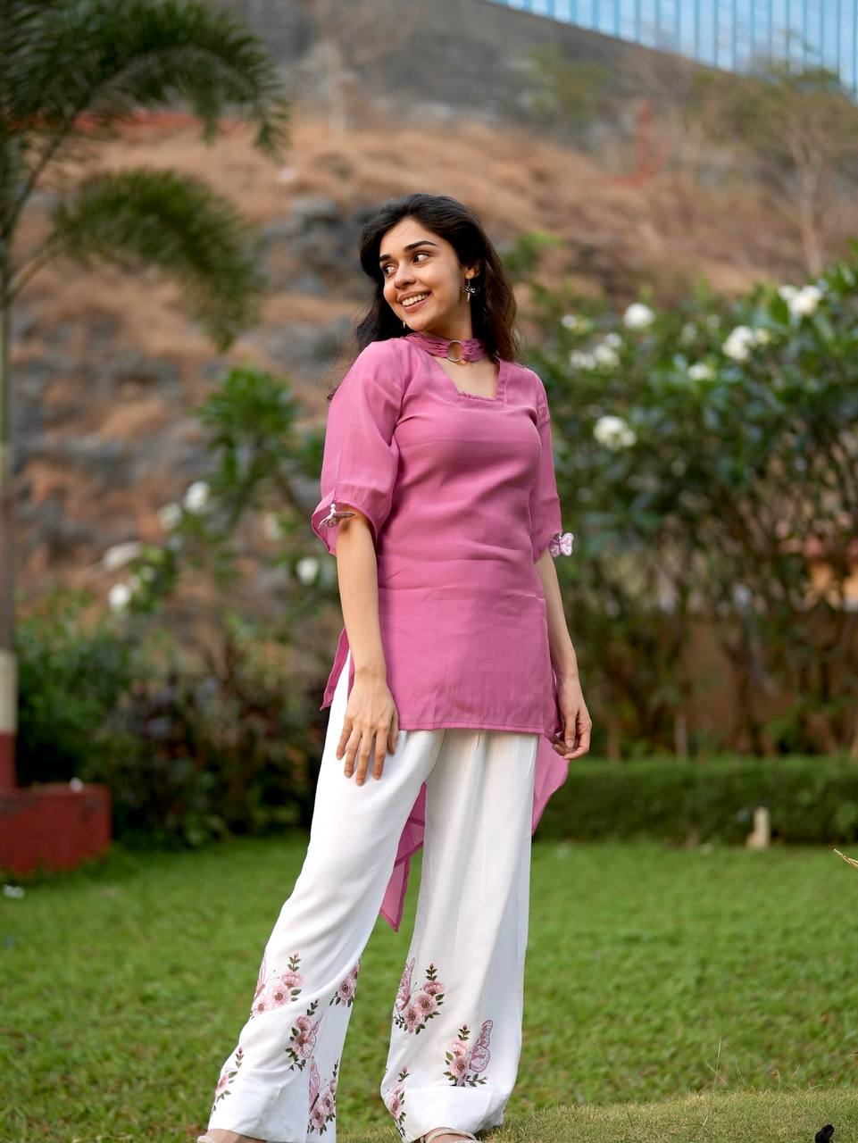 Festive Wear Pink Color Silk Embroidered Palazzo Set With Tassel Sleeves