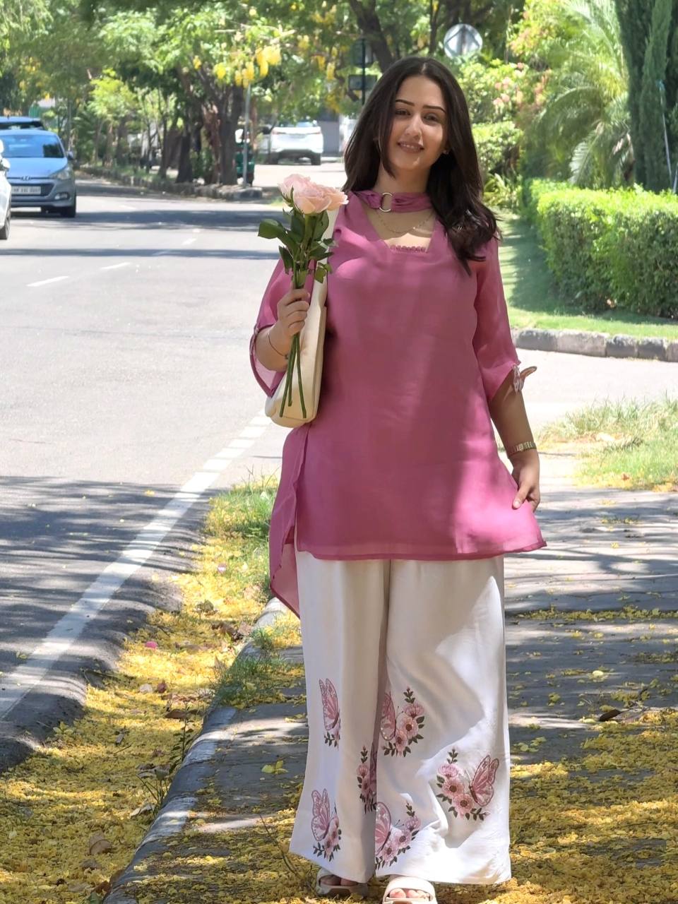 Festive Wear Pink Color Silk Embroidered Palazzo Set With Tassel Sleeves