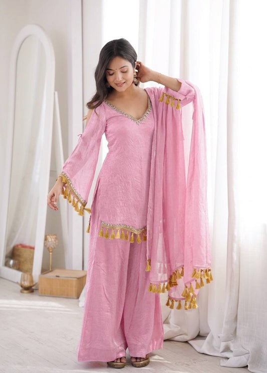 Arti Chauhan Wear Baby Pink Color Mirror Work Wedding Palazzo Suit