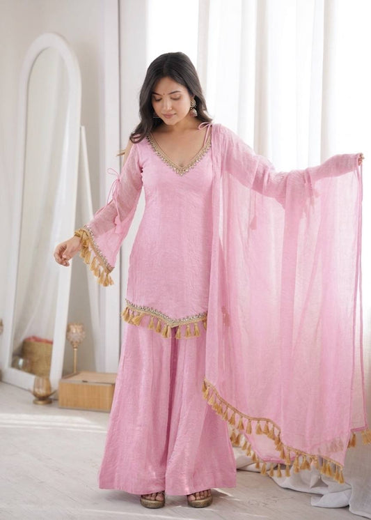 Arti Chauhan Wear Baby Pink Color Mirror Work Wedding Palazzo Suit