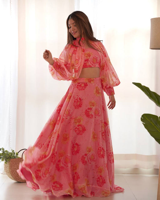 Ceremony Wear Baby Pink Color Pure Soft Tabby Organza Silk Floral Printed Lehenga Choli