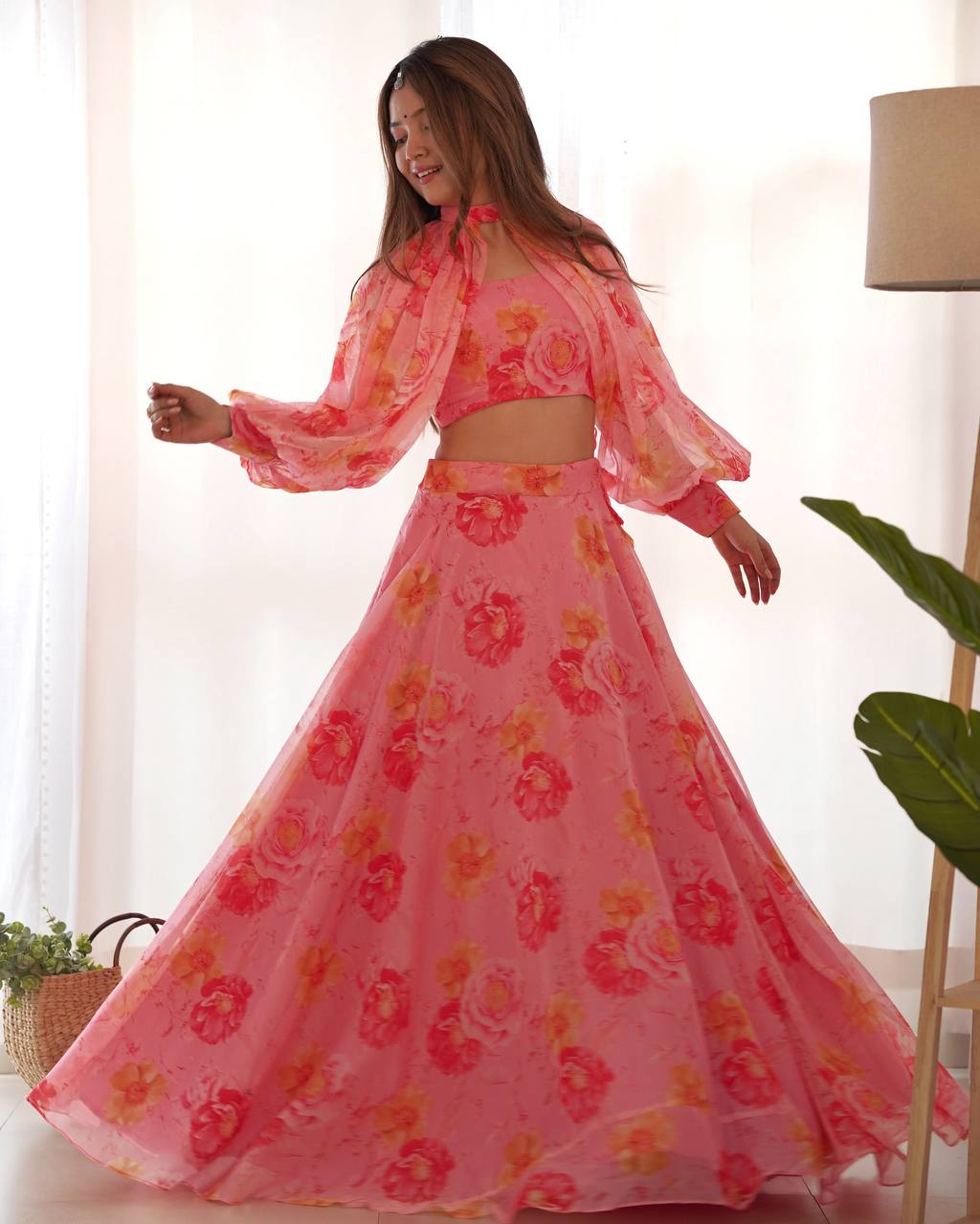 Ceremony Wear Baby Pink Color Pure Soft Tabby Organza Silk Floral Printed Lehenga Choli