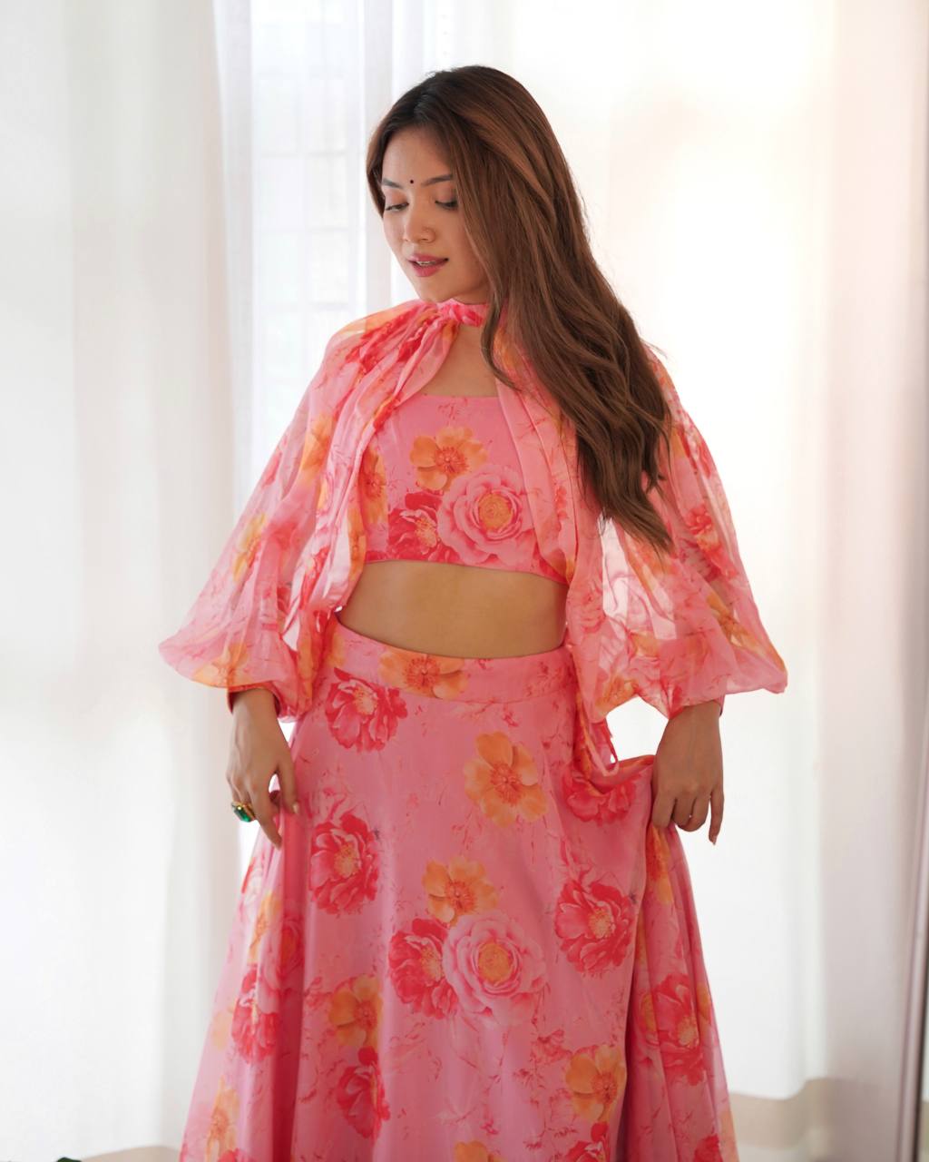 Ceremony Wear Baby Pink Color Pure Soft Tabby Organza Silk Floral Printed Lehenga Choli