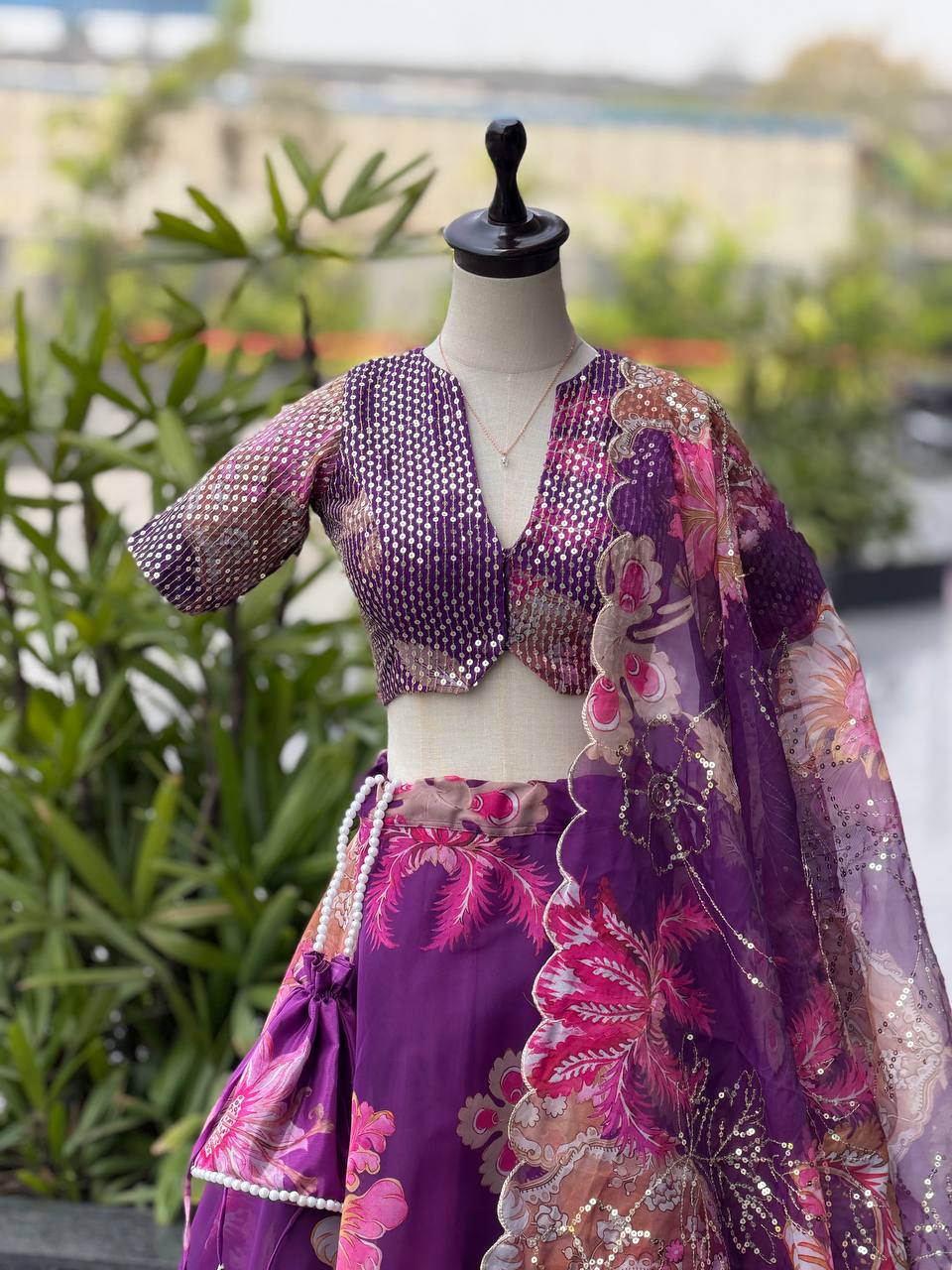 Designer Pruple Color Organza Digital Print Lehenga Set With Batwa Bag