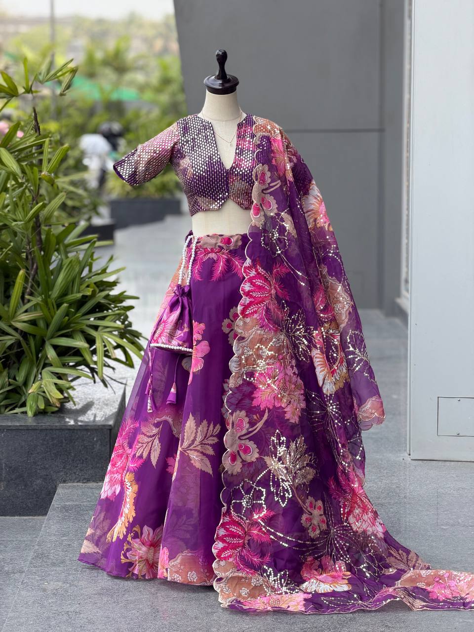 Designer Pruple Color Organza Digital Print Lehenga Set With Batwa Bag