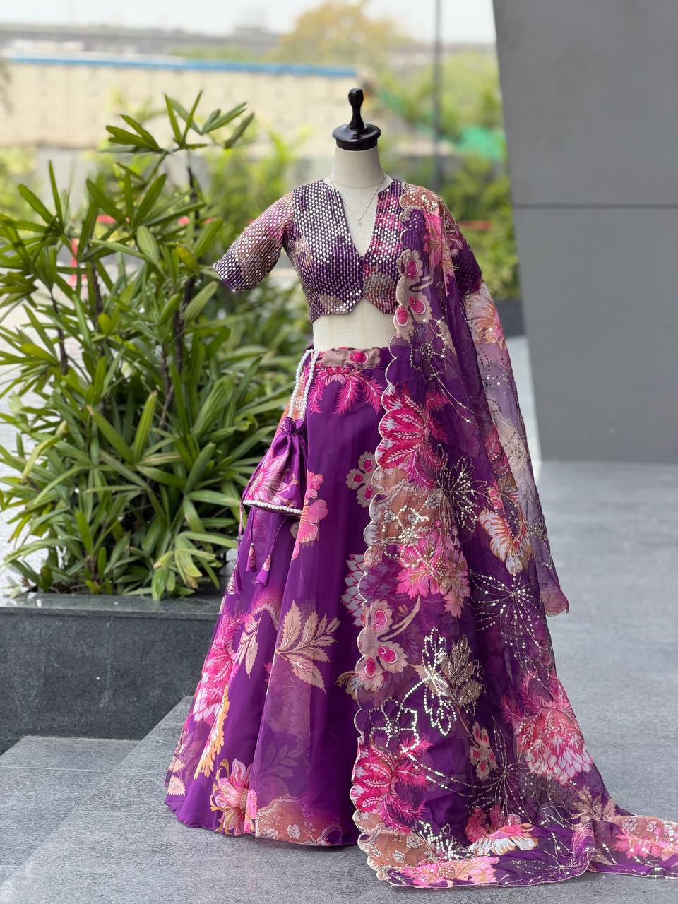 Designer Pruple Color Organza Digital Print Lehenga Set With Batwa Bag