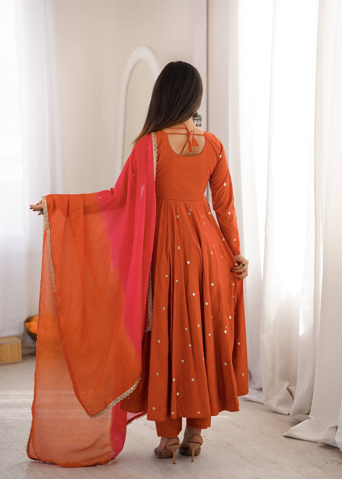 Party Wear Orange Color Embroidery With Real Mirror Work Anarkali Suit