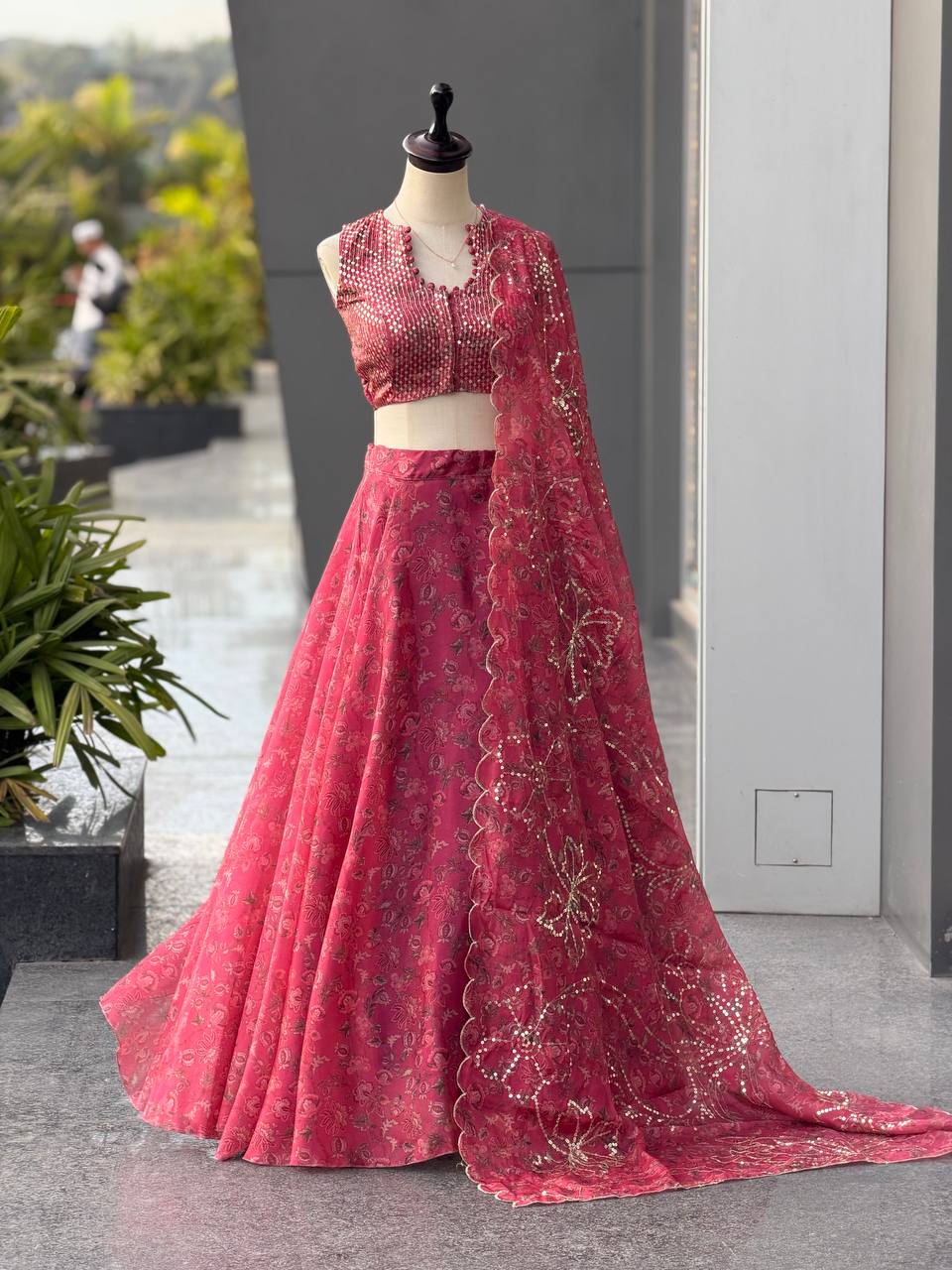 Designer Pink Color Organza Digital Print Lehenga Set With Batwa Bag