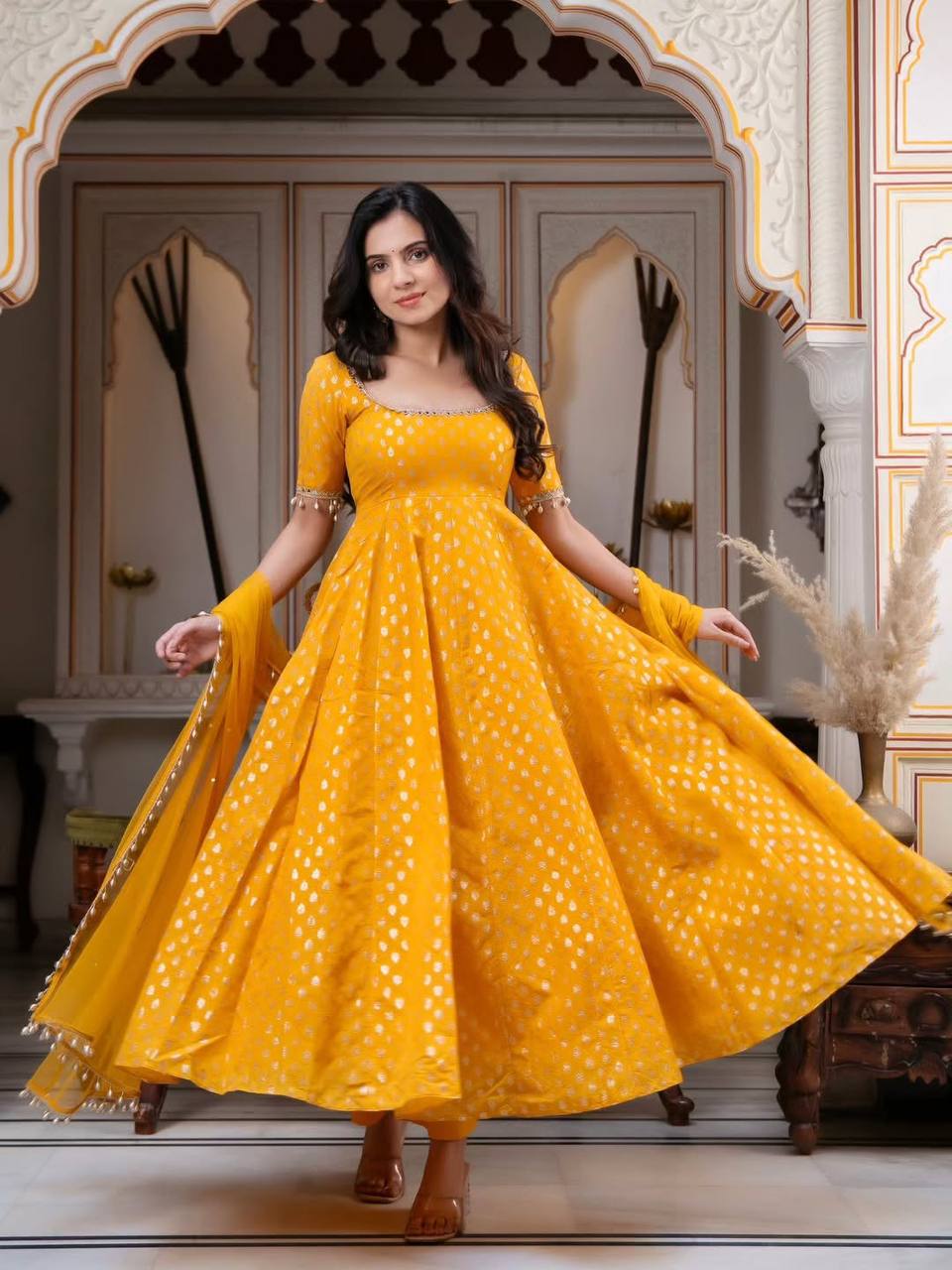 Haldi Wear Yellow Color Chanderi Jacquard Butti Anarkali Suit