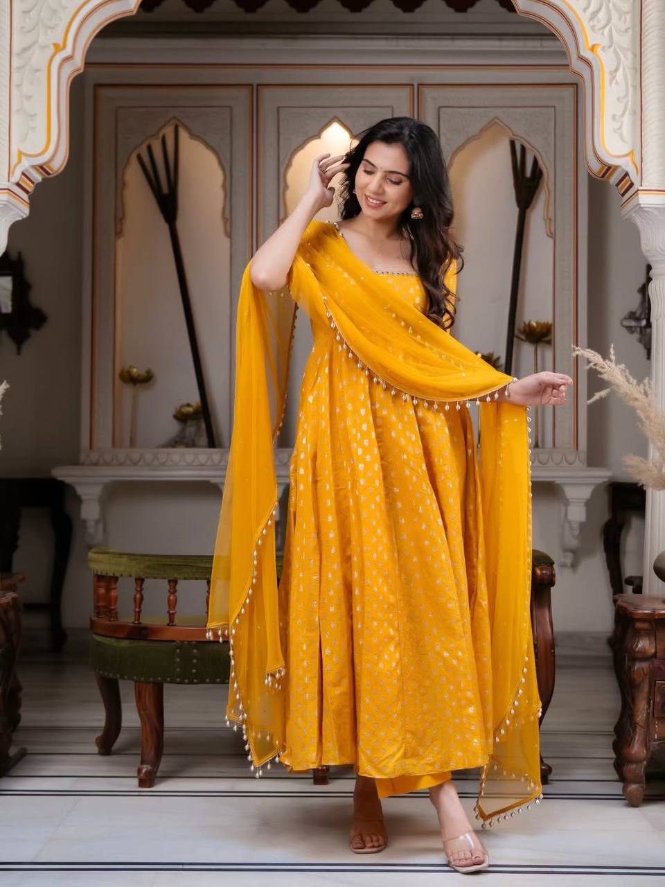 Haldi Wear Yellow Color Chanderi Jacquard Butti Anarkali Suit