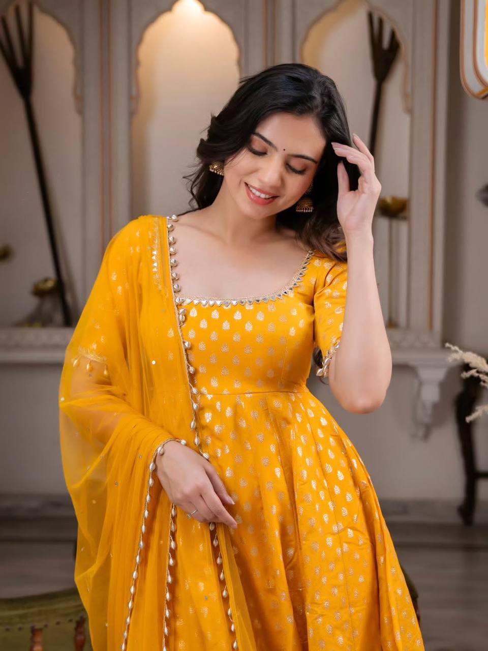 Haldi Wear Yellow Color Chanderi Jacquard Butti Anarkali Suit