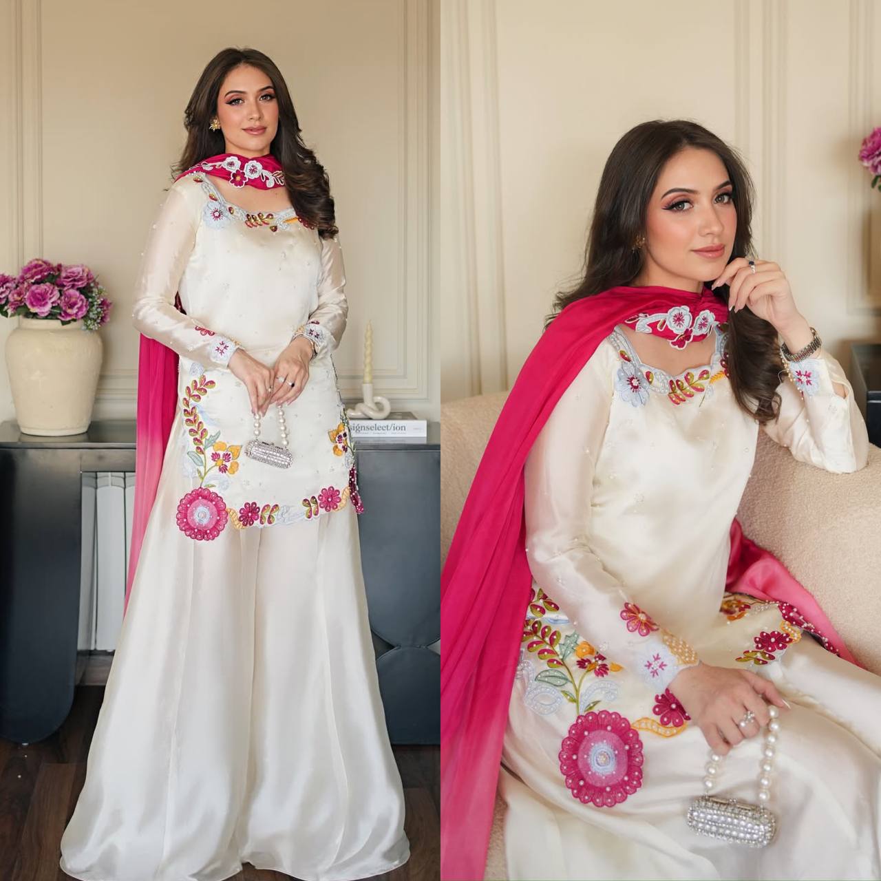 Graceful Woman in White and Pink | Sharara Set For Women