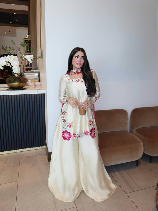 Wedding Wear Off White Color Glass Silk Beads Moti Work Sharara Suit 