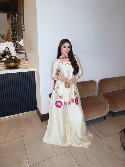 Wedding Wear Off White Color Glass Silk Beads Moti Work Sharara Suit