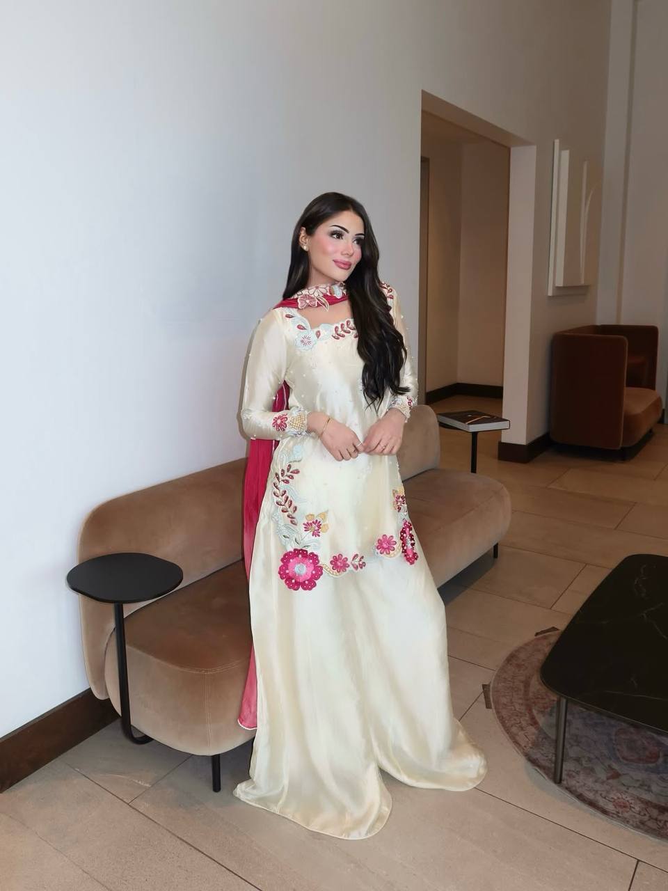 Wedding Wear Off White Color Glass Silk Beads Moti Work Sharara Suit