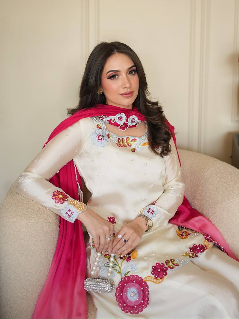 Graceful Woman in White and Pink | Sharara Set For Women