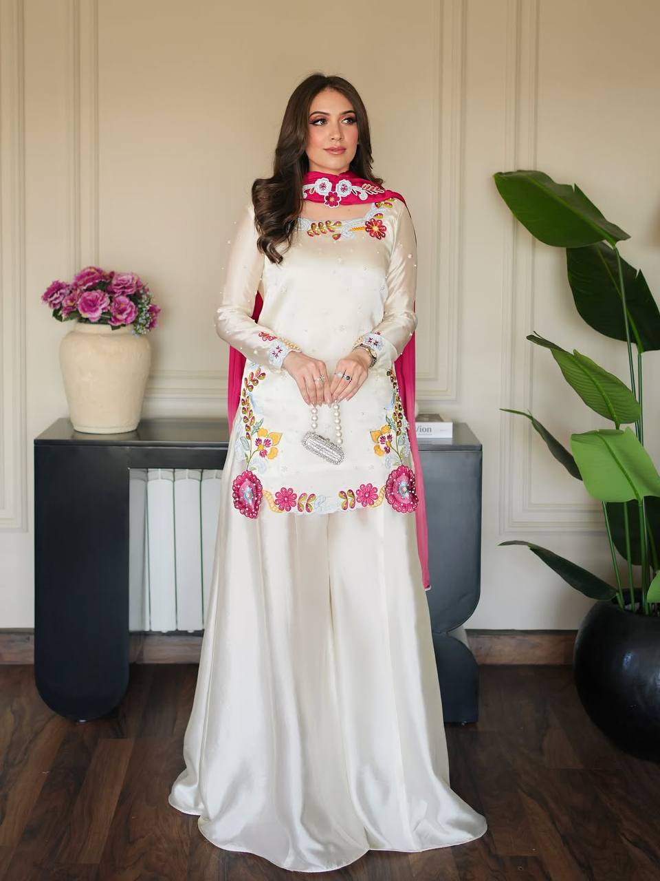 Graceful Woman in White and Pink | Sharara Set For Women