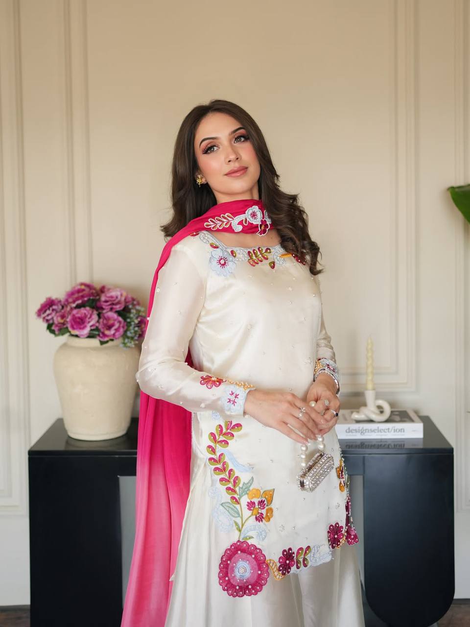Wedding Wear Off White Color Glass Silk Beads Moti Work Sharara Suit