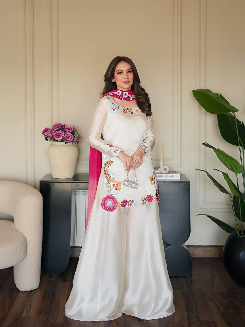 Graceful Woman in White and Pink | Sharara Set For Women