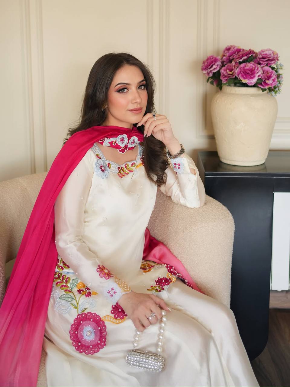 Wedding Wear Off White Color Glass Silk Beads Moti Work Sharara Suit
