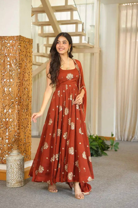 Wedding Wear Orange Color Silk Thread And Sequins Work Anarkali Suit