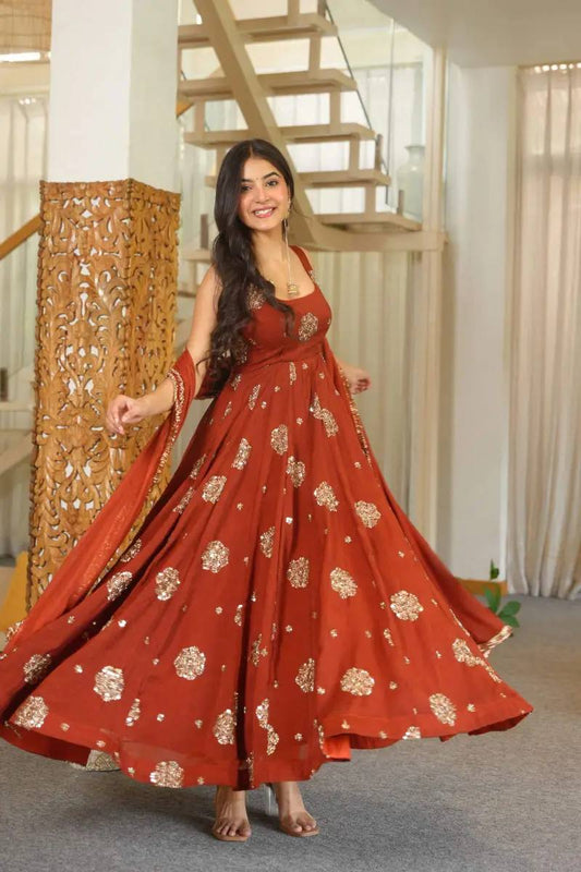 Wedding Wear Orange Color Silk Thread And Sequins Work Anarkali Suit