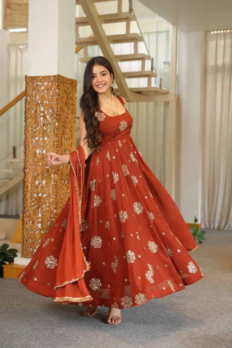 Wedding Wear Orange Color Silk Thread And Sequins Work Anarkali Suit