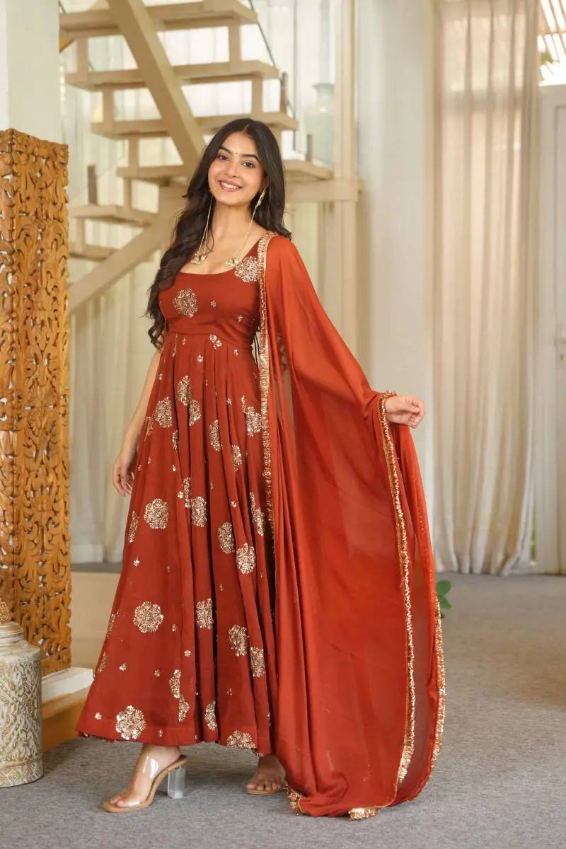 Wedding Wear Orange Color Silk Thread And Sequins Work Anarkali Suit