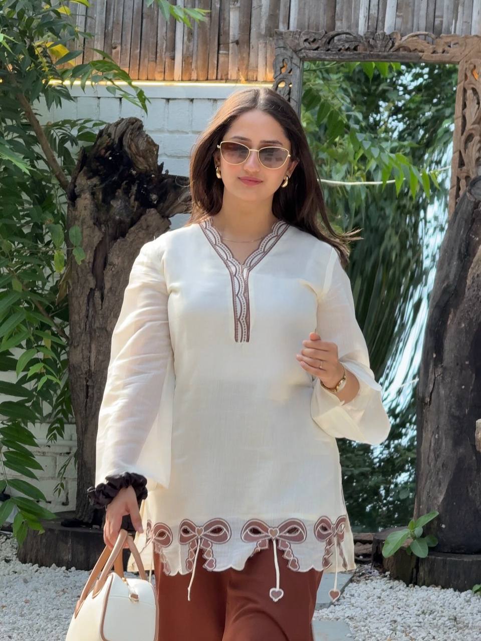 Festive Wear Brown Color Embroidered Top With Palazzo Set