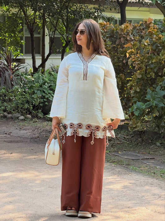 Festive Wear Brown Color Embroidered Top With Palazzo Set